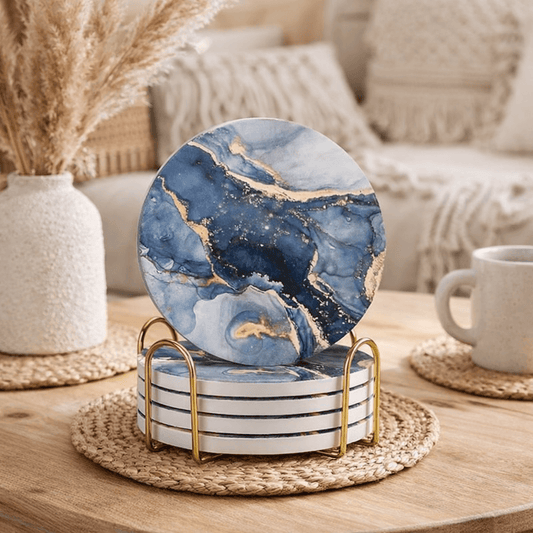 Set of 6 Ceramic Blue Marble Drink Coasters with Holder